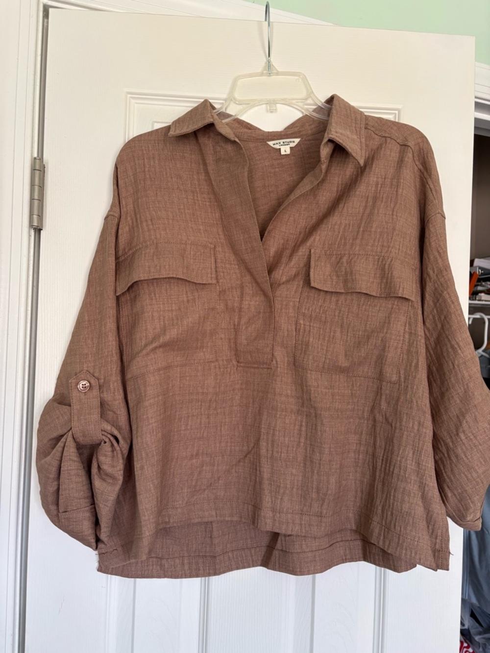 Max Studio Oversized Button-Tab Tunic in Brown